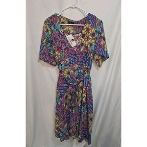 D'IYANU Bright Floral Button-Up Dress W/front Tie‎ Short Sleeve Size XL NWT Boho